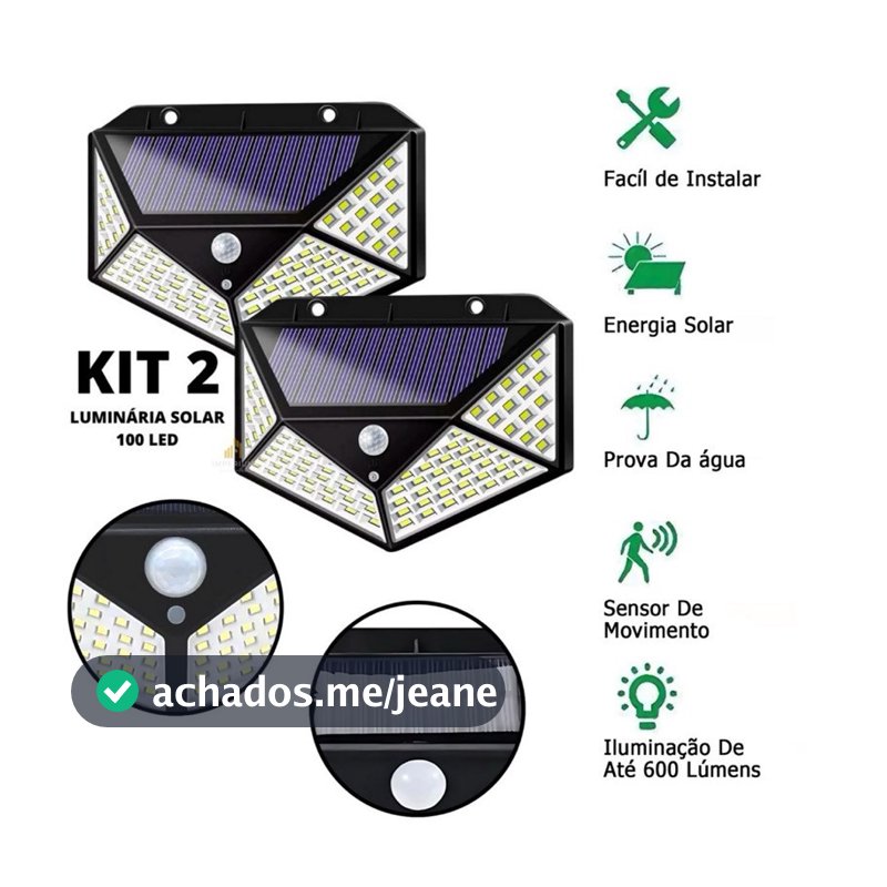 2 Luminária Solar 100 Led Com Sensor Prova D'Água Refletor Solar Parede Luz Led Solar Luminaria para Jardim Solar