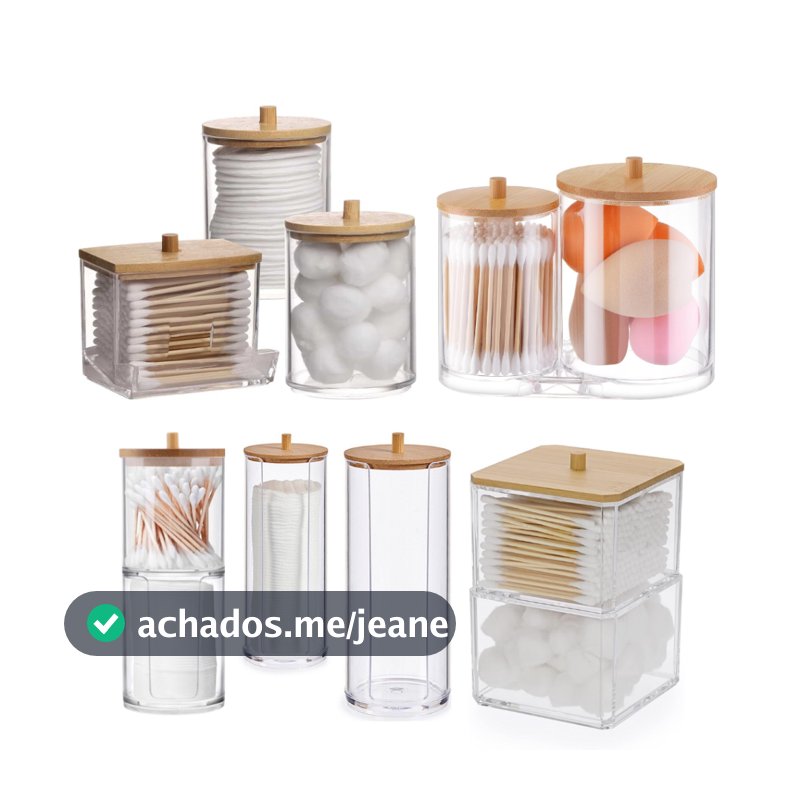 Organizador de Cosméticos Acrílico Porta Algodão Cotonete tampa Bambu