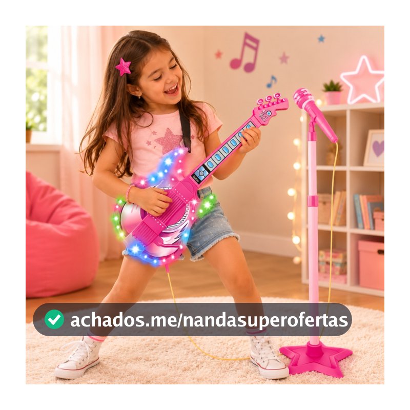 Brinquedo Guitarra Musical Com Luz e Som Microfone Pedestal Infantil Para Crianças - Castela