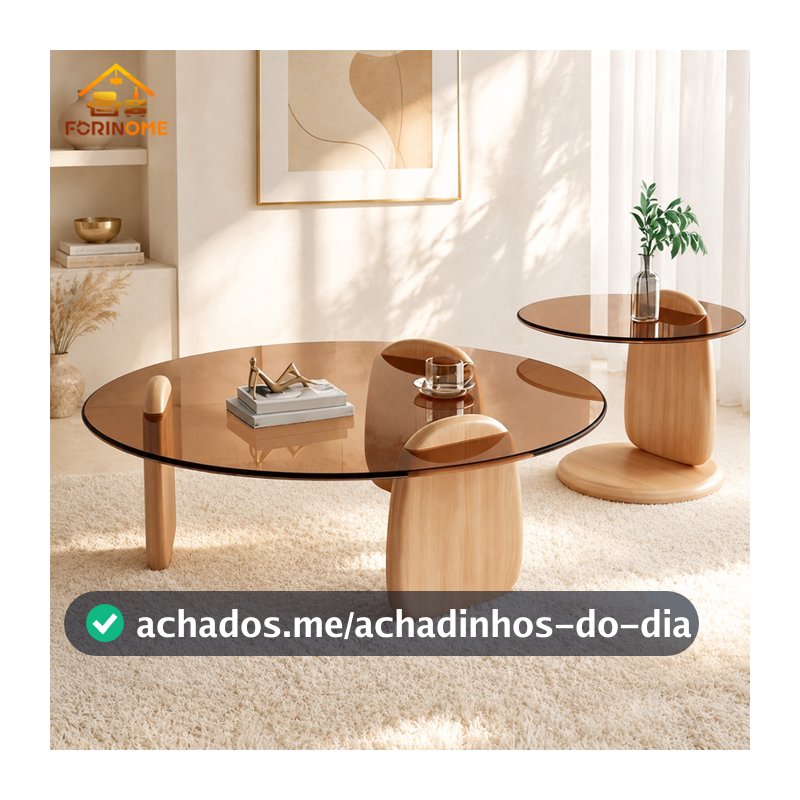 Kit 2 Mesas de Centro Orgânicas Vidro Fumê Base Madeira para Sala