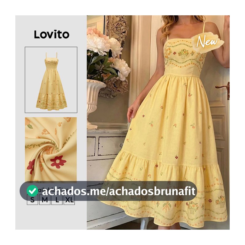 Lovito Vestido Feminino Amarelo Floral Babado na Barra Zíper e Barra Longa Flare Casual Fim de Semana e Traje de Trabalho Primavera Verão DRB39BR007