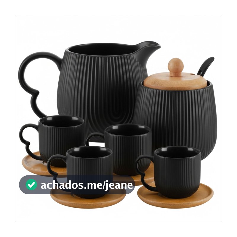 Kit Cantinho do Café Oásis Preto Conjunto de Xicaras 90ml Com Açucareiro e Cremeira Em Cerâmica