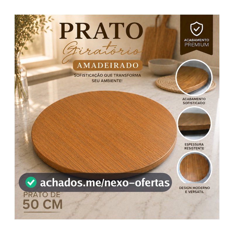 Prato Giratório Madeira MDF 50cm Decorativo Mesa Posta Luxo Amadeirado Resistente
