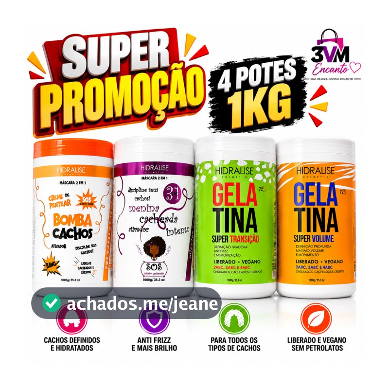 2 Gelatina Definiçao + 2 Creme de Pentear 1 Kg Hidralize  - Bomba Cachos Gelatina