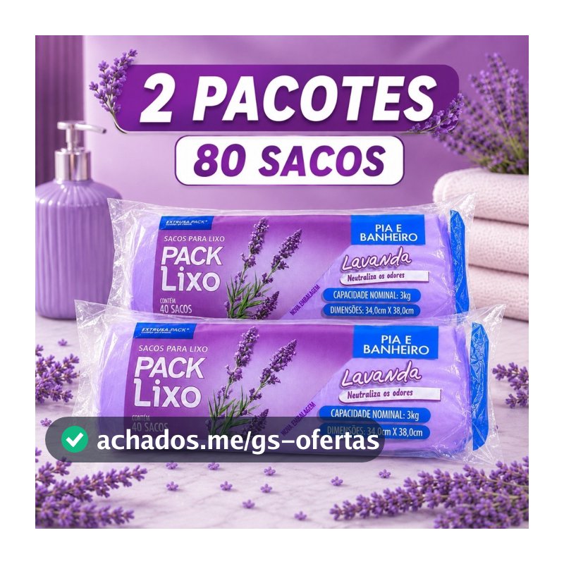 Kit 2 Packs Saco de Lixo Lavanda Pia e Banheiro 80 Sacos 34x38cm Neutraliza Odores Material Resistente