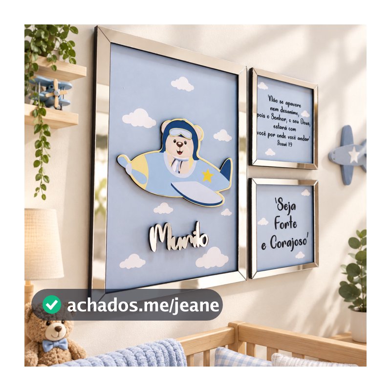 Kit 3 Quadros Personalizado Com o Nome Menino Quarto Baby Bebê Urso Aviador Ursinho Aviador Ursinho Infantil