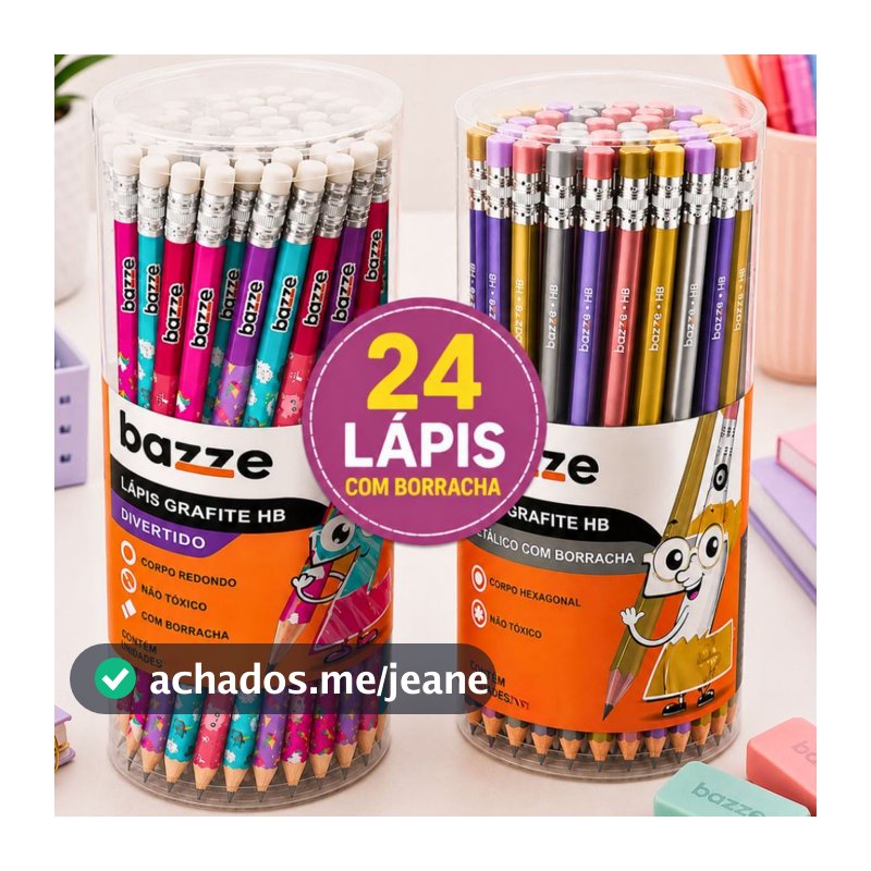Kit 24 Lápis Com Borracha de Escrever Escolar Ponta Resistente Lápis Divertido- Várias Estampas