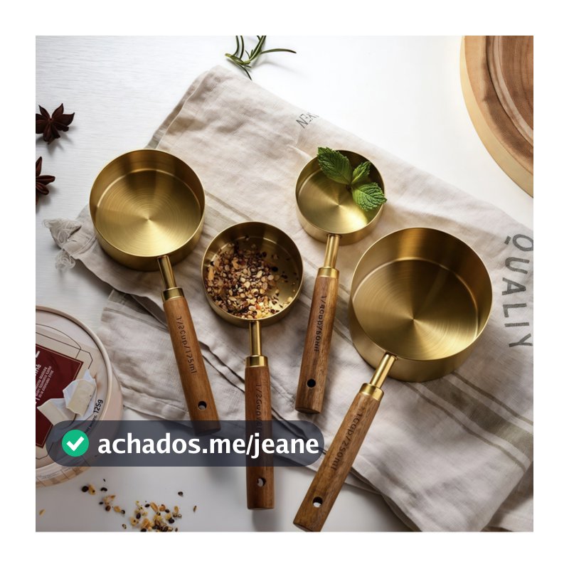 Colheres Medidoras de Aço Inoxidável com Cabo de Madeira – Dourado Luxo para Cozinha Moderna
