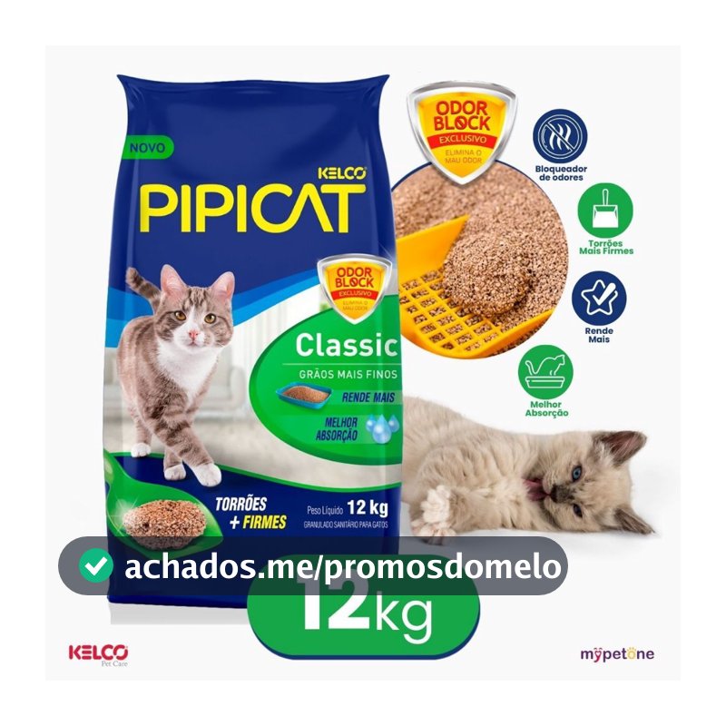 Areia Higiênica Pipicat Classic Grãos Mais Finos 12 kg