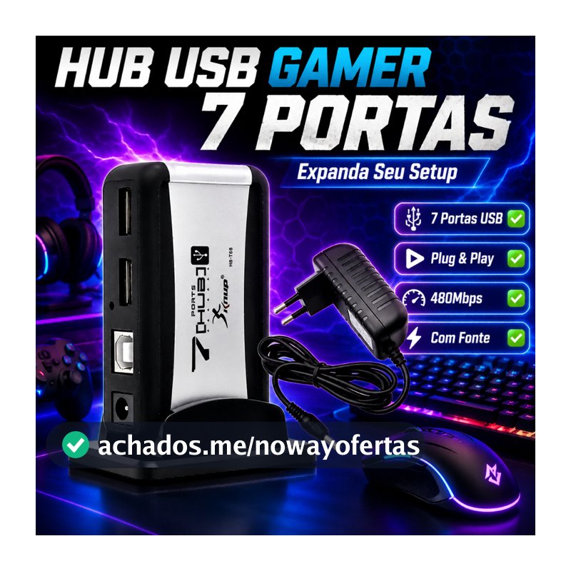 Hub USB 7 Portas Para Gamer KNUP Com Fonte Extensor USB Para Controle Headset Teclado RGB