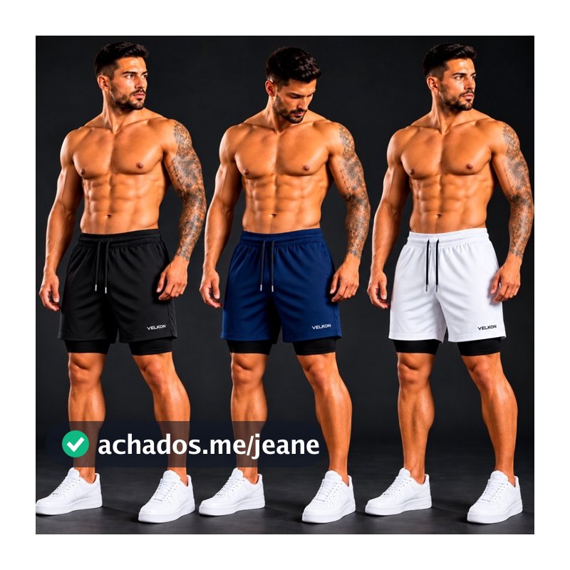 Kit 3 Shorts 2 em 1 Masculino Bermuda Compressão Dry Fit com Bolso Academia Treino Corrida VELKON