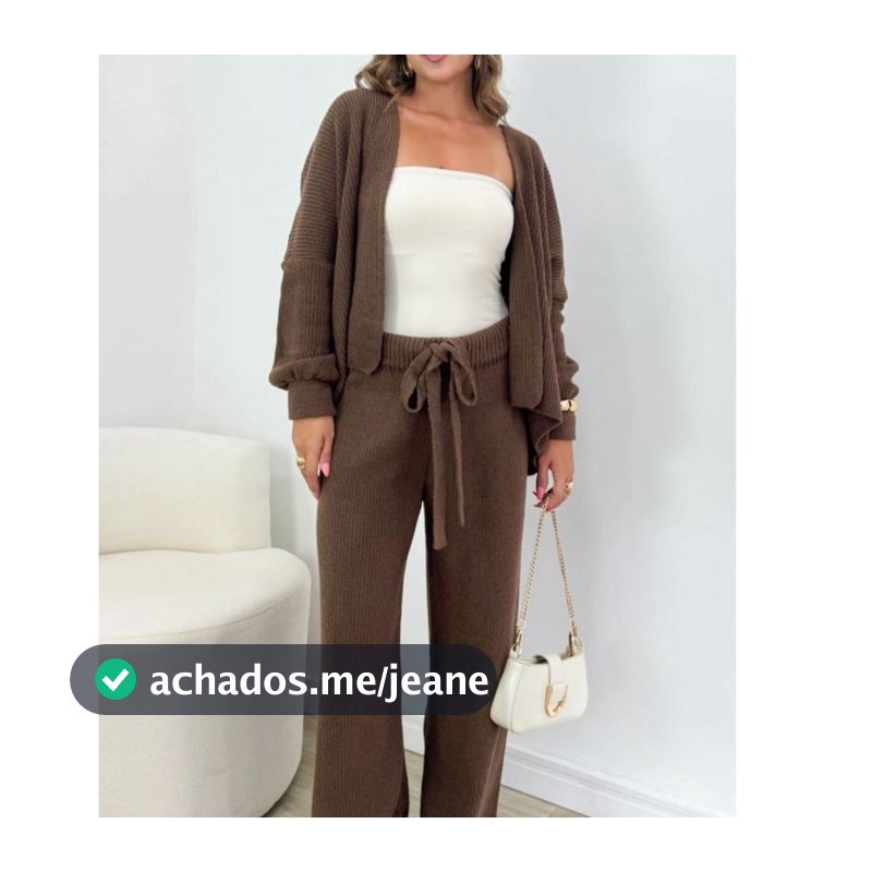Conjunto Feminino Casaco Curto e Calça Mousse Trico Quentinho Confortavel Inverno Moda Feminina Moura Tricot