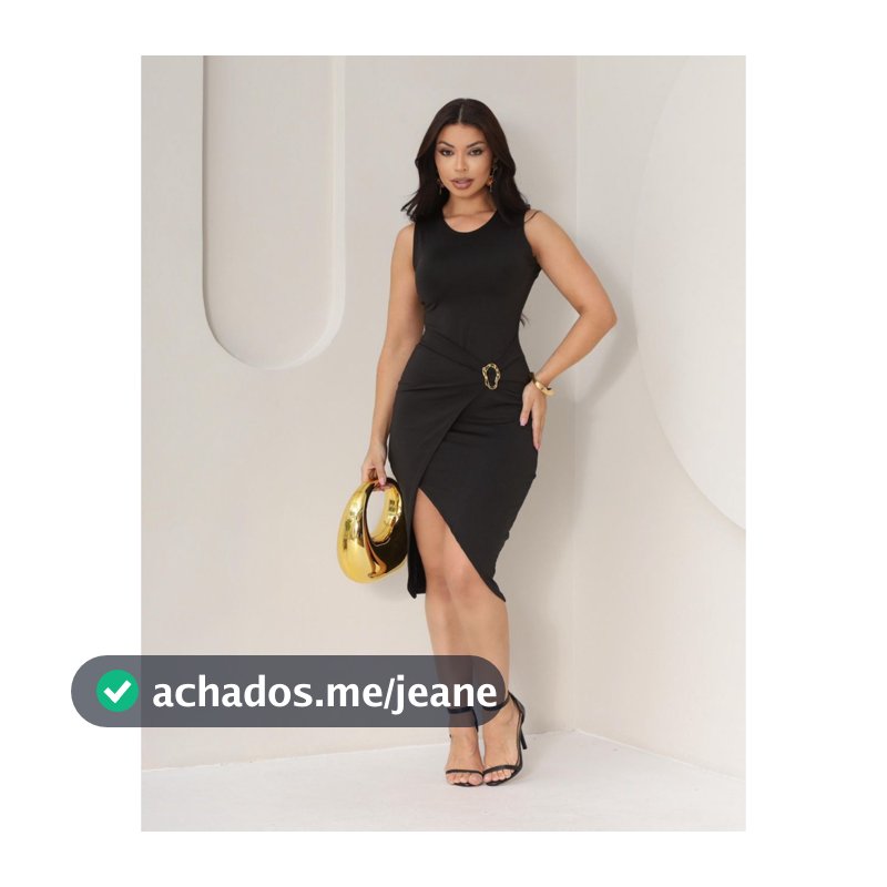Vestido Midi Feminino Preto com Fenda e Fivela Dourada Elegante Social Festa
