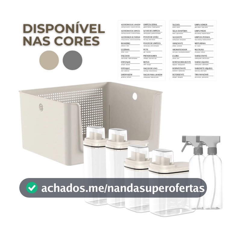 Kit Para Lavanderia 7 Peças Cesto Organizador Dispenser Sabão Borrifador e Etiquetas