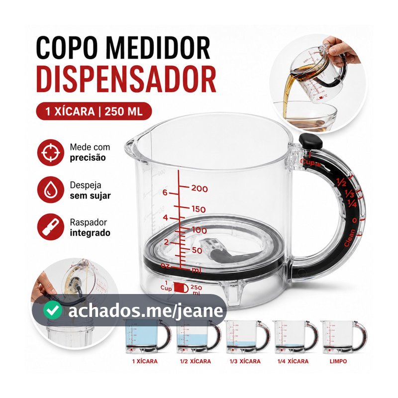 Copo Medidor Ajustável 4 em 1 de Acrílico Graduado Dosador Receita para Cozinha Copo de Medição C/ Raspador e Base 250ML