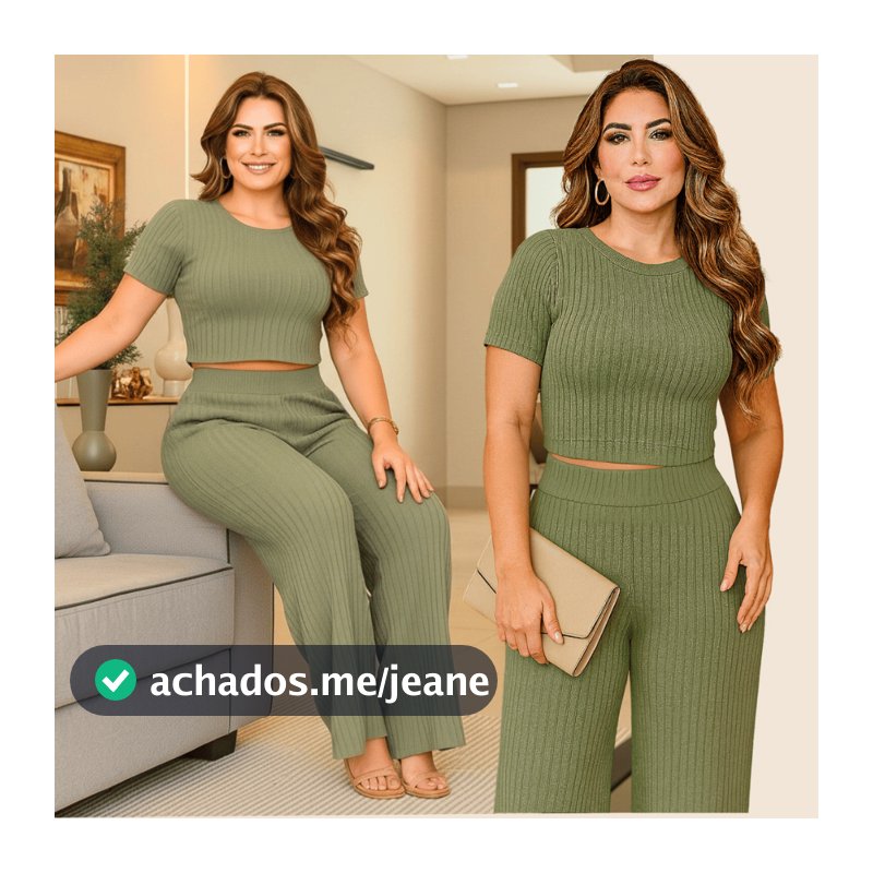 Conjunto Feminino Calça Pantalona e Cropped Manga Curta - Malha Canelada Premium Toque de algodão