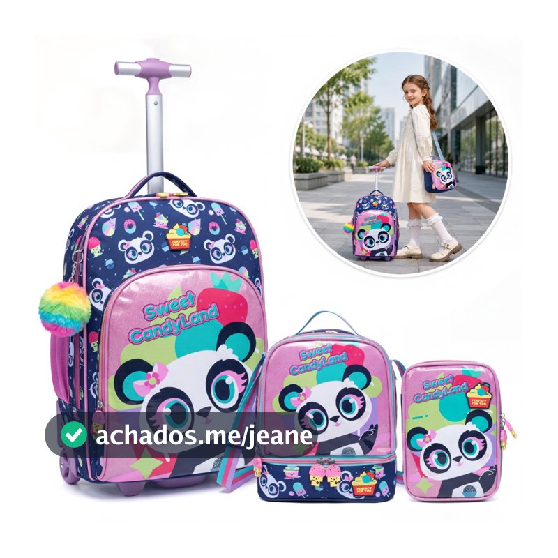 Conjunto Mochila Rodinhas Feminina com Lancheira e Estojo Infantil