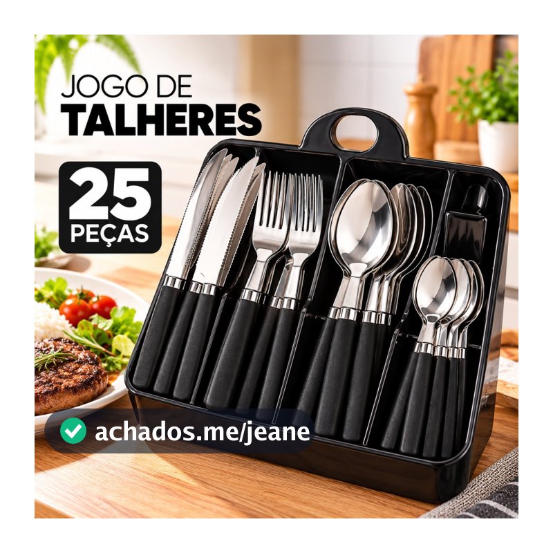 Jogo de Talheres 25 Peças Aço Inox com Suporte Organizador Garfo Faca Colher Cabo Preto Cozinha