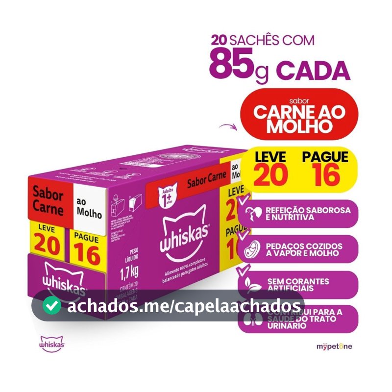 Ração Úmida Whiskas Gatos Adultos Sachê Ao Molho 85g - Caixa Com 20 Unidades Frango Carne e Atum