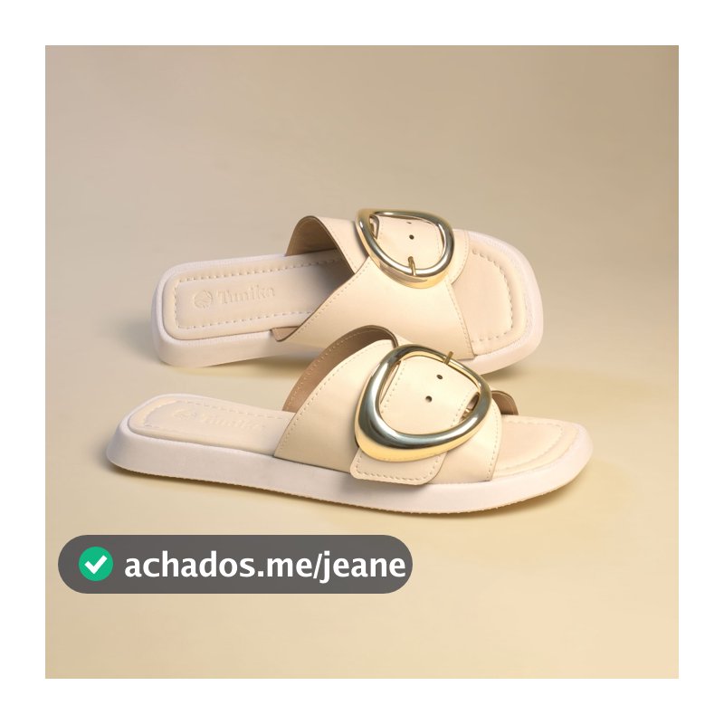 Rasteirinha Feminina Fivela Grande Dourada Bico Quadrado Slide Tiras Cruzadas Palmilha Acolchoada Tunika