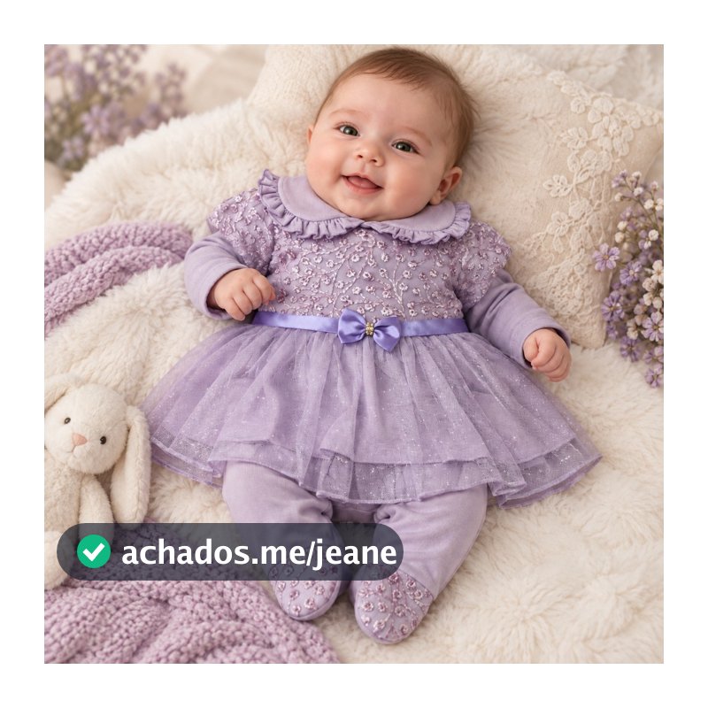 Macacão bebê menina com vestido em tule lilás Manuela