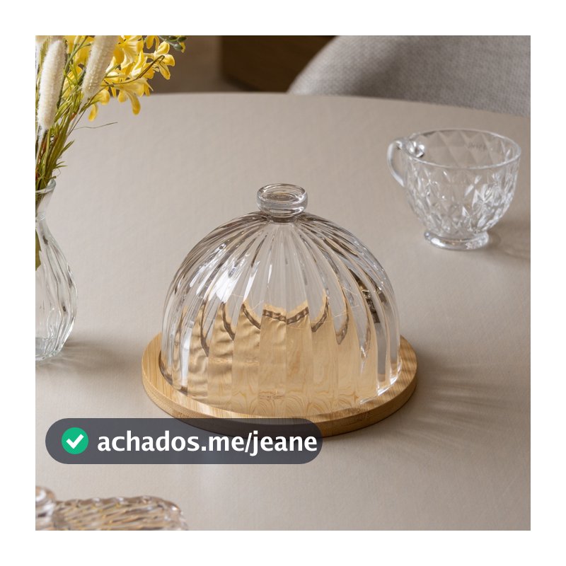 Queijeira de Vidro Striata com Base de Bambu Lyor 16,5cm para Queijos Frios Petiscos Café da Manhã Mesa Posta Elegante