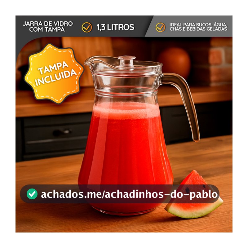 Jarra De Vidro 1,3 Litros Com Tampa Grande Litros Água Suco Drinks