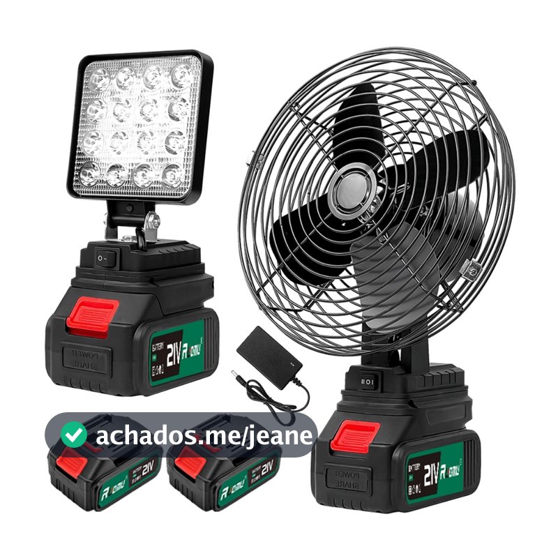 Ventilador Portatil 8'' + Luz Led 4'' Portatil Luz Inclui Bateria Recarregável