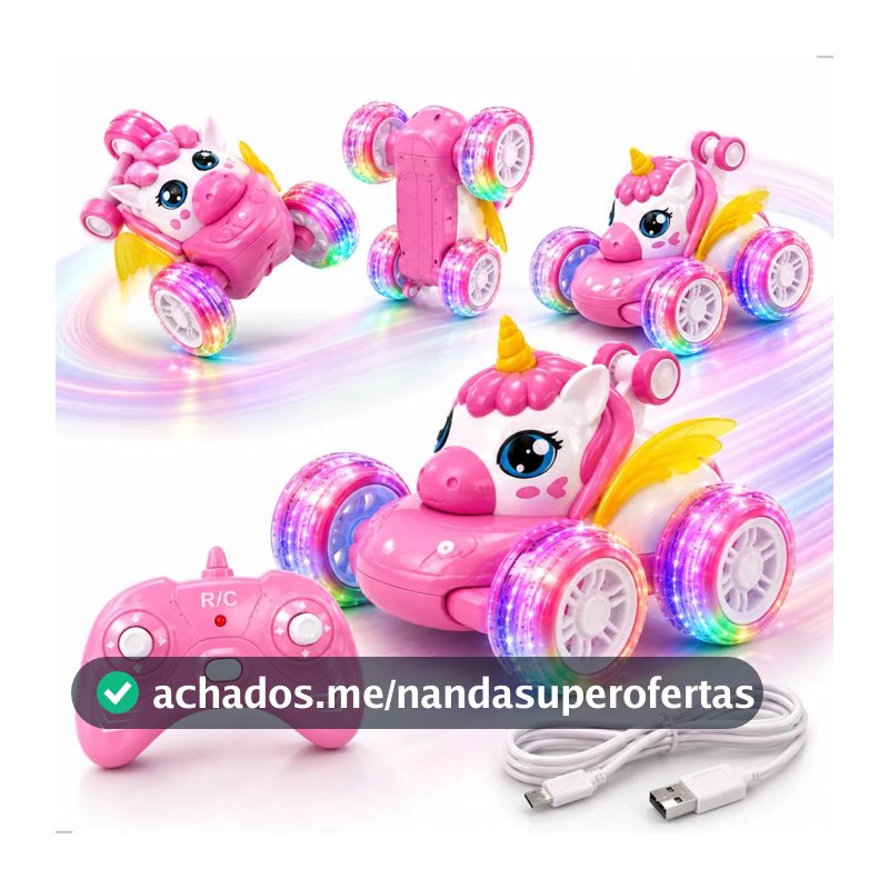 Carrinho de Controle Remoto Unicórnio Recarregável Luzes Coloridas Brinquedo Menina Carro Elétrico Infantil