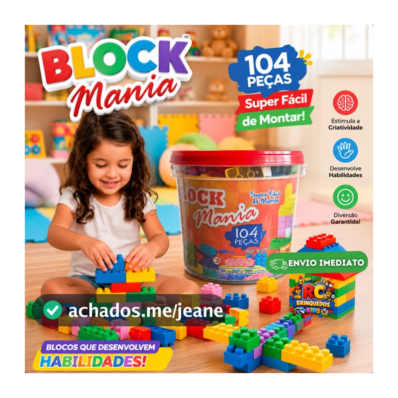 Balde Blocos de Montar 104 Peças Brinquedo Infantil Educativo Desenvolve Coordenação Motora Presente Dia Das Crianças