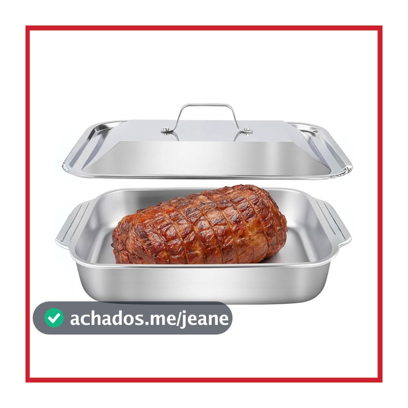 Assadeira Retangular Aço Inox com Tampa Antiderrapante Resistente Altas Temperaturas Forno Churrasco