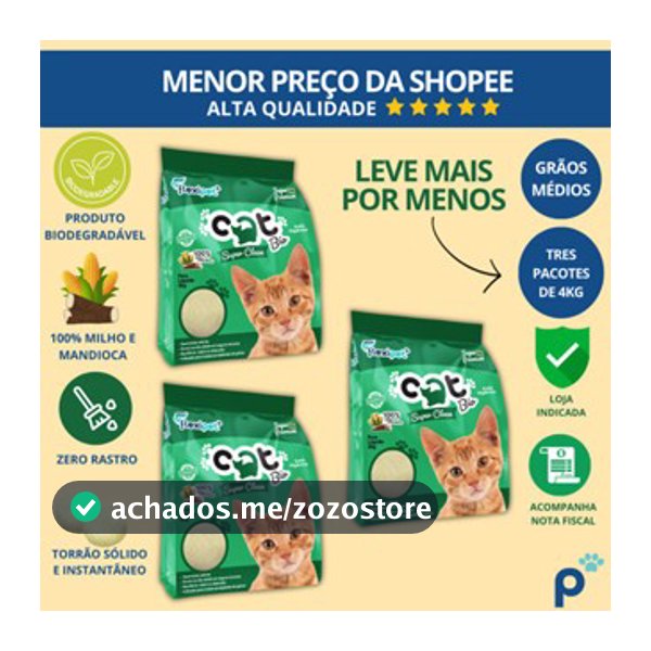 Areia Higiênica Biodegradável Catbio 12 Kg (3 pacotes 4kg) - Super Clean - Grãos Médios - novo