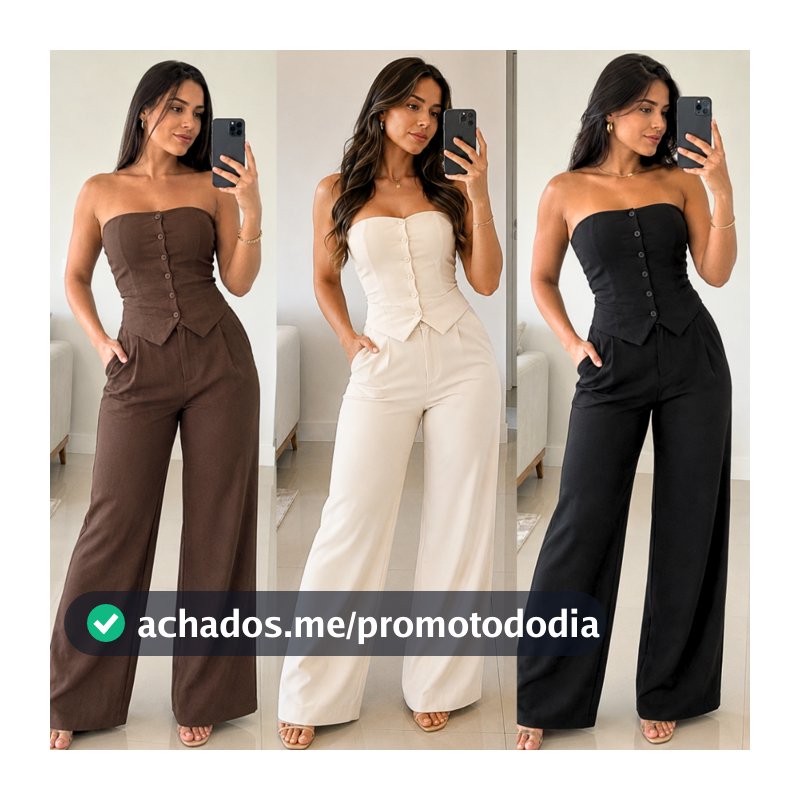Conjunto Alfaiataria Cropped Tomara que Caia Social Elegante Calça Pantalona Blusa Elástico Lastex Botão Verão Feminino