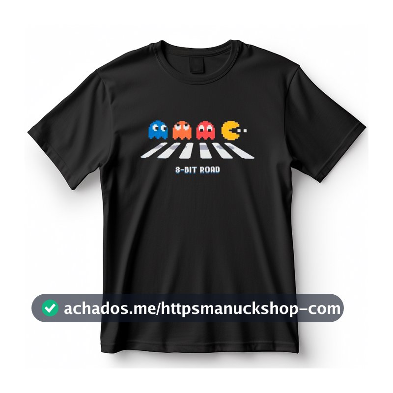 Camiseta 8 Bit Road  Referência ao Abbey Road dos Beatles, com personagens de Pac Man Blusa Camisa 100% Algodão
