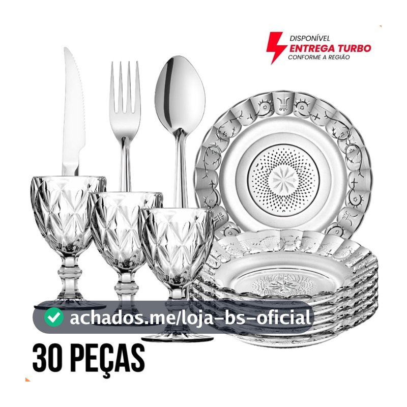 Aparelho de Jantar 30 Peças - 6 Pratos  + 6 Taças 340ml + 18 Talheres Inox