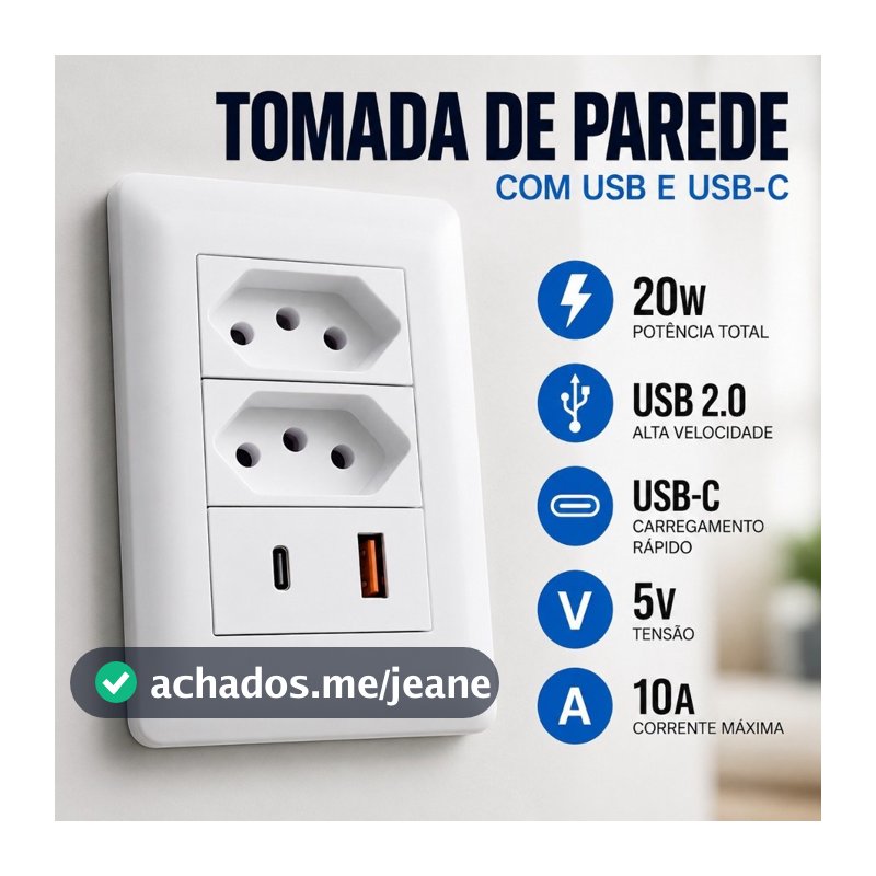 Tomada de Parede USB e USB-C Carregador Rápido 4 Em 1 Bivolt 10A 110V 220V Branco