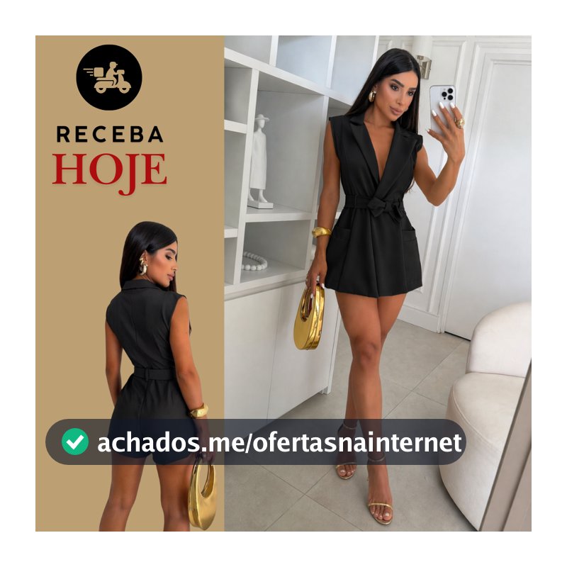 Macaquinho Feminino Regata Alfaiataria Macacão Curto Max Blazer com Faixa Cinto Elegante e Casual