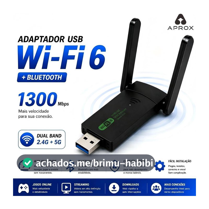 Adaptador USB Wi-Fi 6 Dual Band 2.4GHz+5GHz Até 1300Mbps Alta Velocidade para Notebook e Desktop-APROX