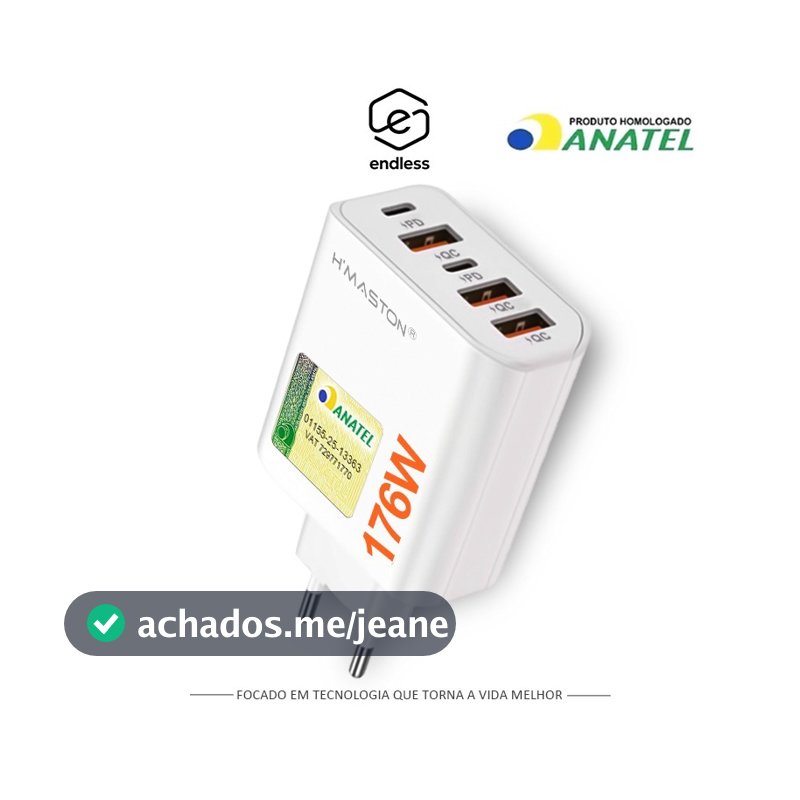 5 Em 1 Fonte De Energia Carregador Turbo USB-A+USB-C Carregamento rápido 176W