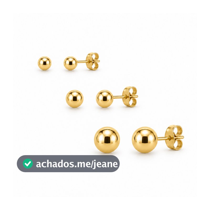 Kit 3 Pares Brincos Bolinha Lisa Folheados a Ouro ou Prata 4mm 5mm 6mm com Tarraxa