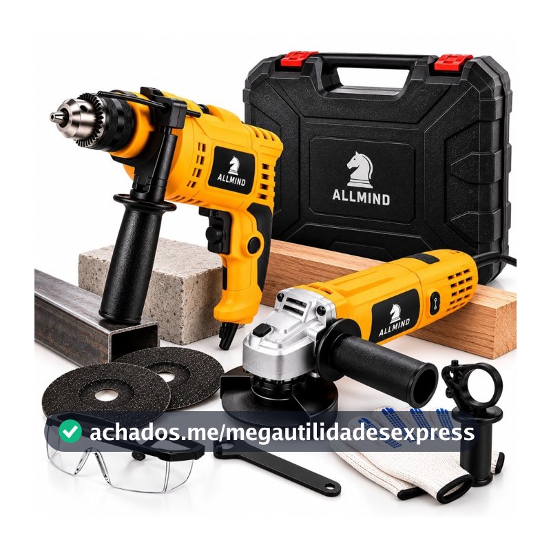 Kit Lixadeira Esmerilhadeira Angular Furadeira de Impacto 10mm e Maleta de Transporte Com Acessórios