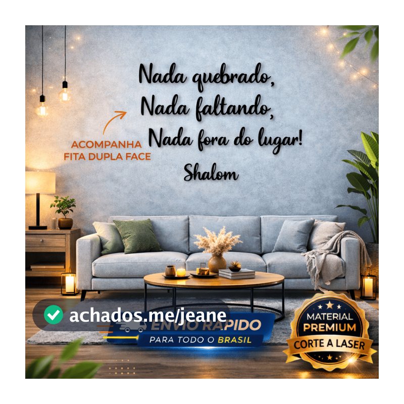Frase Decorativa Shalom Nada Quebrado Nada Faltando MDF Preto Parede Religiosa 85x50cm Decor Cristã com Dupla Face