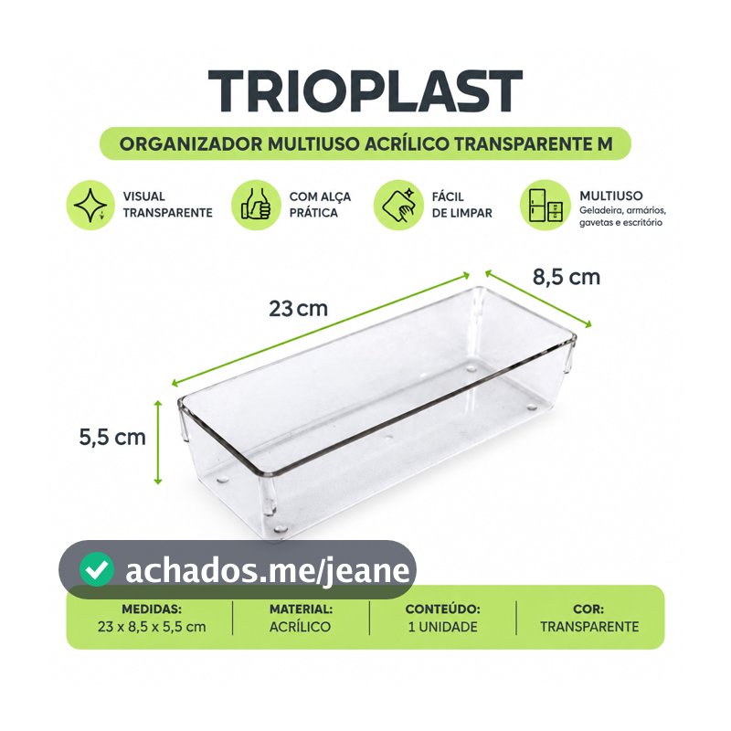 Organizador Multiuso Acrílico Transparente Com Alça 23x8,5x5,5cm Para Geladeira E Armário