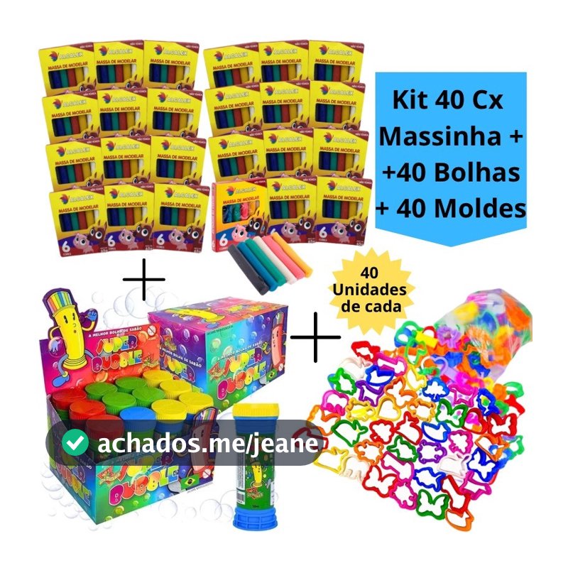 Kit 40 Cx Massinha de Modelar + 40 Bolhas de Sabão + 40 Molde Cortador Kit Festa Forminha Lembrancinha Infantil Escolar