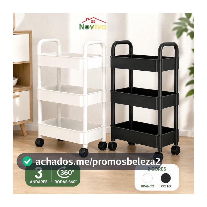Carrinho Organizador 3 Andares com Rodas 360° | Multiuso PP Reforçado 40x30x76cm Preto ou Branco