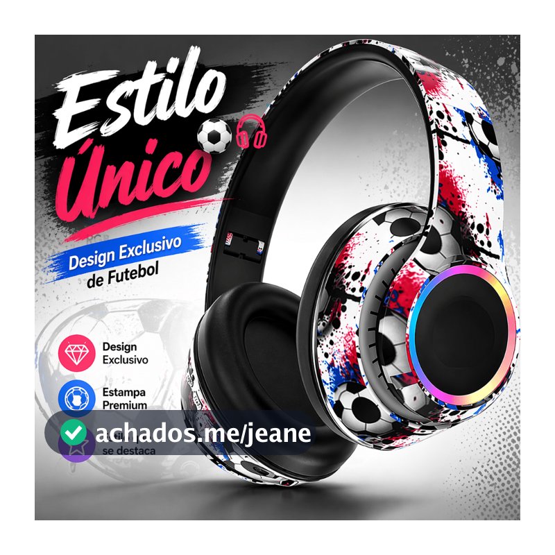 Fone Bluetooth Sem Fio RGB Headphone Gamer Over-Ear Som Grave Forte com Microfone Estilo Futebol para Celular