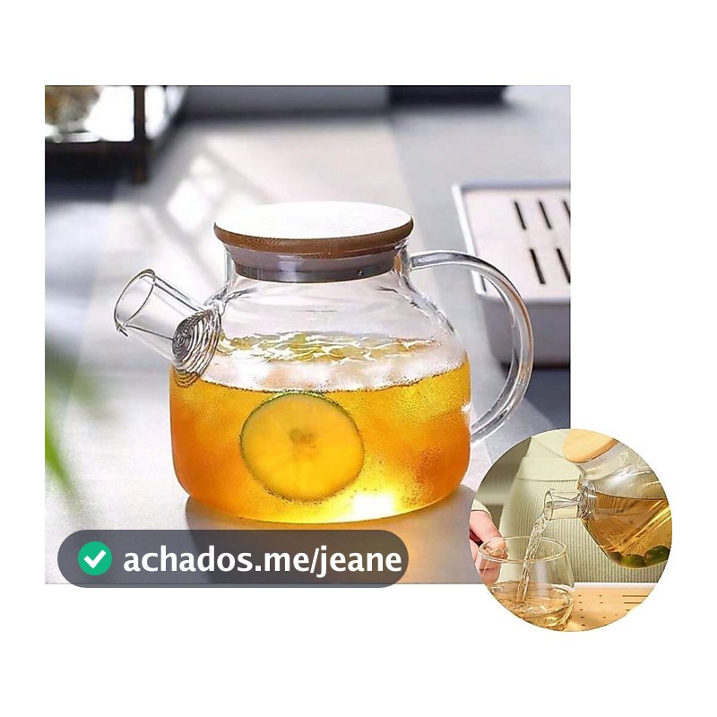 Chaleira de Vidro com Tampa Bambu Premium Borossilicato 1L Bule Café Chá