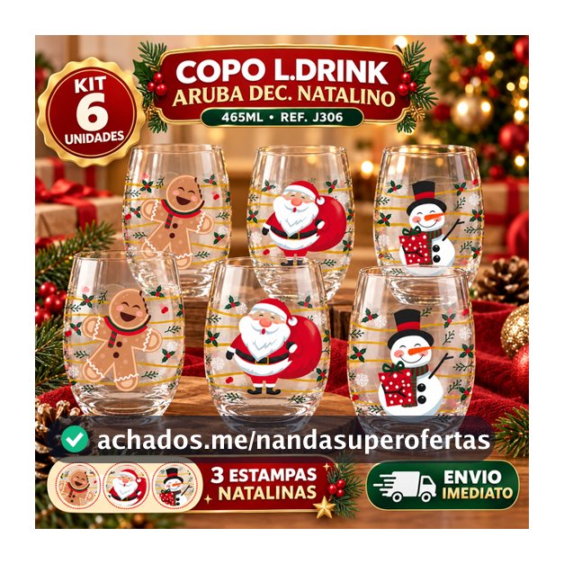 Jogo de Copos Long Drink Natal Aruba 465ml Nadir Vidro Decorado Natalino Ceia Festa Presente Kit 6 Unidades