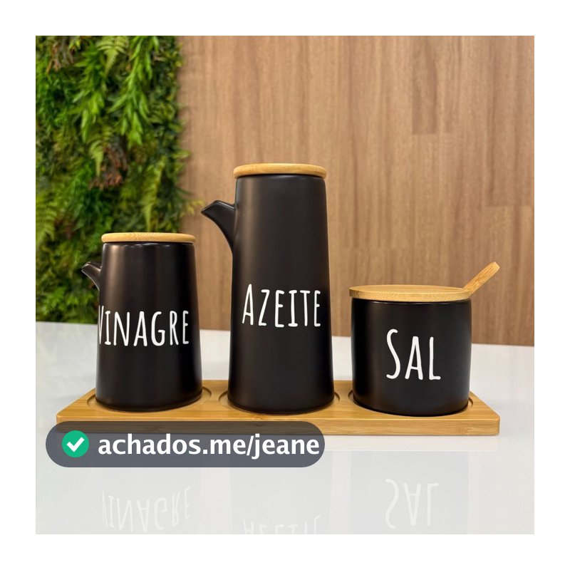 Kit Porta Temperos em Cerâmica - Azeite, Vinagre e Saleiro com Suporte de Bambu e colher