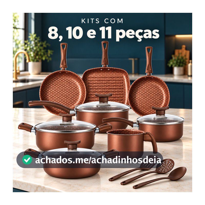Jogo de Panelas Antiaderente, Kit com 8, 10 ou 11 Peças - Com Tampas de Vidro e Utensílios